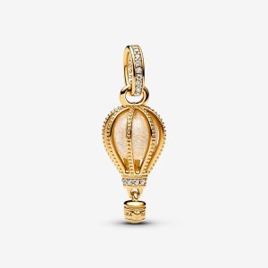 Sparkling Clear Hot Air Balloon Dangle Charm Gold plated