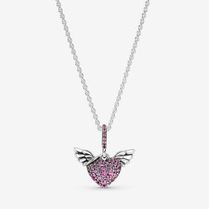 Pave Heart & Angel Wings Necklace