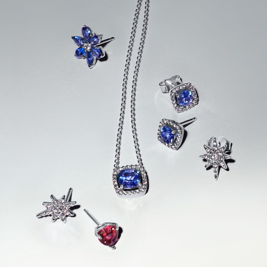 Sparkling Square Blue Halo Pendant Necklace - Image 4