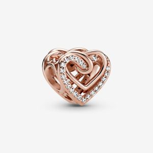 Sparkling Entwined Hearts Charm Rose gold plated