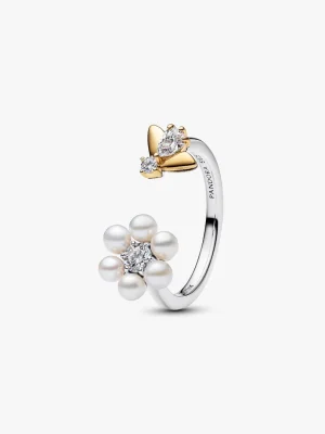 Bee & Treated Freshwater Cultured Pearl Flower Open Ring