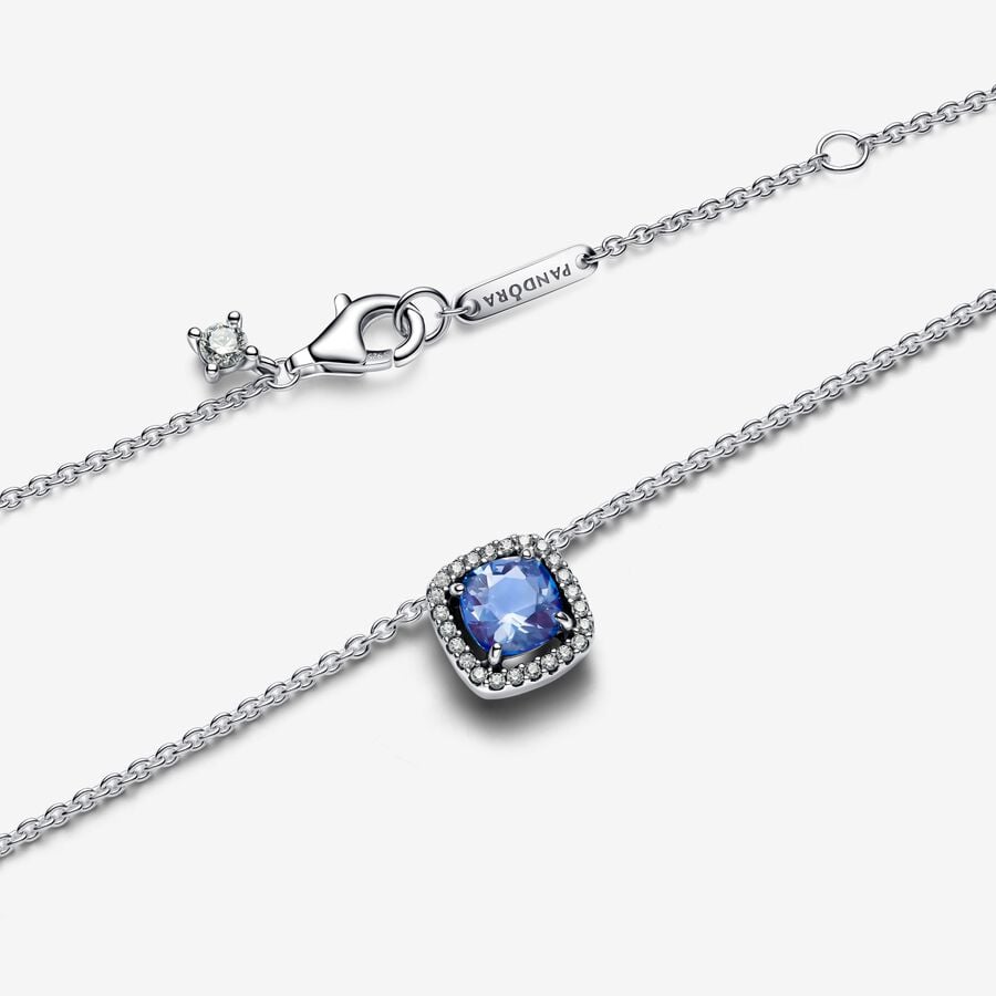Sparkling Square Blue Halo Pendant Necklace - Image 2