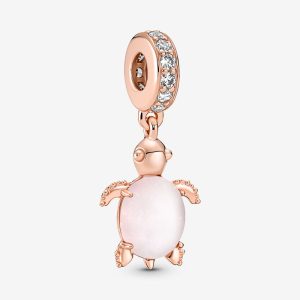 Rose-Plated Murano Glass Pink Sea Turtle Dangle Charm