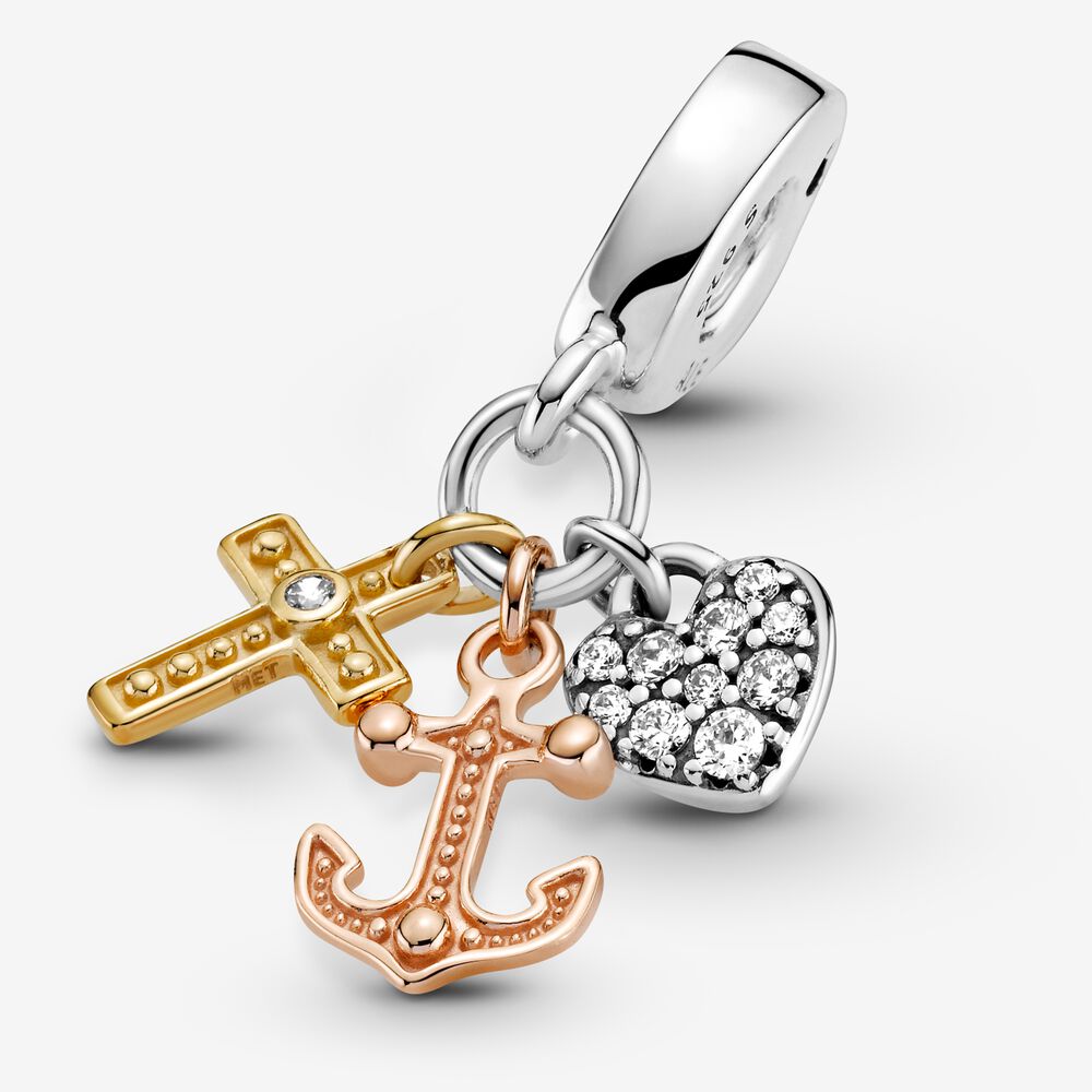 Triple-tone Cross, Heart, & Anchor Dangle Charm - Image 2