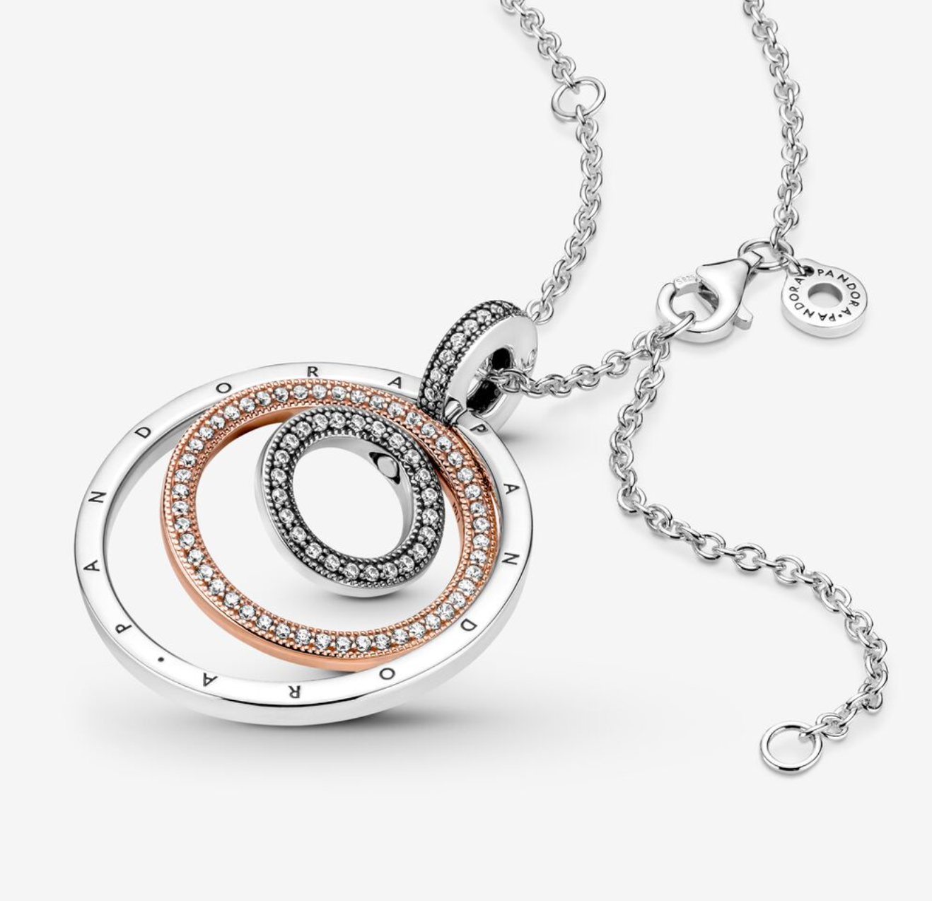 Two-tone Circles Pendant & Necklace, Clear CZ, with Rose - Image 2