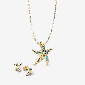 Sparkling Blue Starfish Necklace and Earring Set