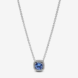Sparkling Square Blue Halo Pendant Necklace