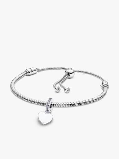 Engravable Heart Tag Dangle Charm Snake Chain Slider Bracelet Set