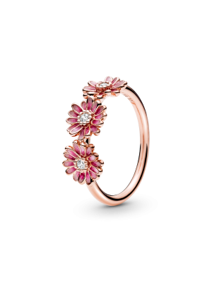 Pink Daisy Flower Trio Ring