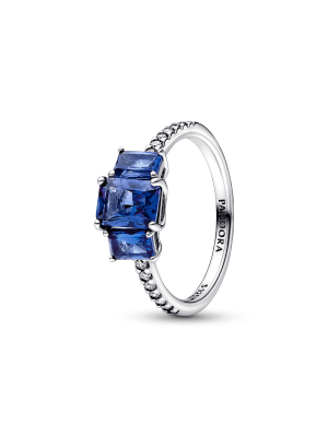 Blue Rectangular Three Stone Sparkling Ring